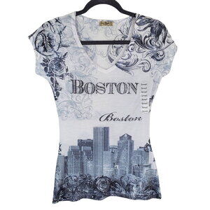 Sweet Gisele Top Size S Boston Graphic T-Shirt Tee Stud Embellished Bling NWOT
